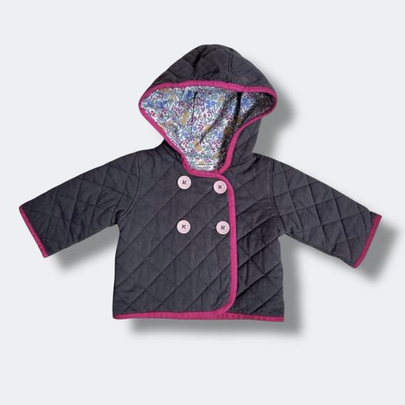 Baby Boden Hooded Jacket Size 0-3M Gray Quilted Floral Lined Button Front Coat - Picture 1 of 9